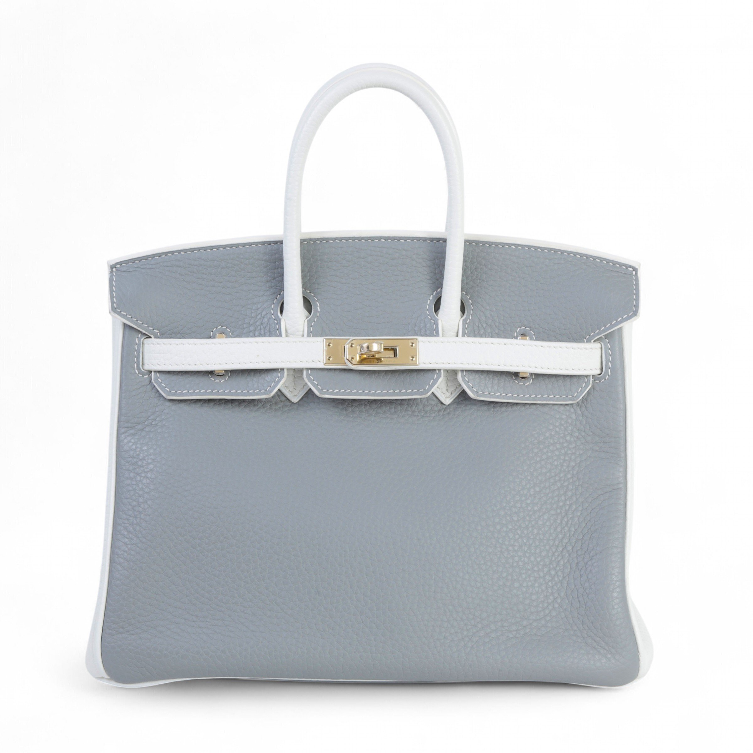 Excellent ( Rank SA ) HERMÈS Special Order Birkin 25 Gris Mouette (4Z) White (01) Clemence Permabrass hardware A (2017)