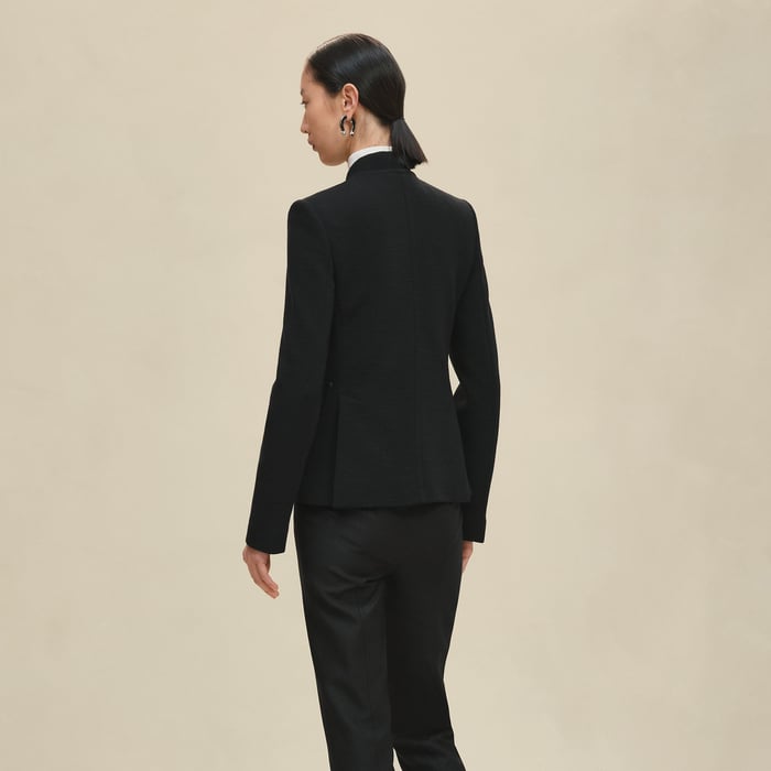 Noir Short Pea Coat With Leather Details