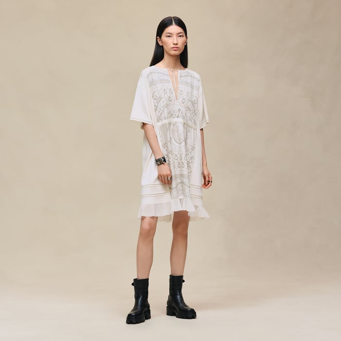 Gris Perle "Aux Champs En Fleurs Raye" Short-sleeve Dress