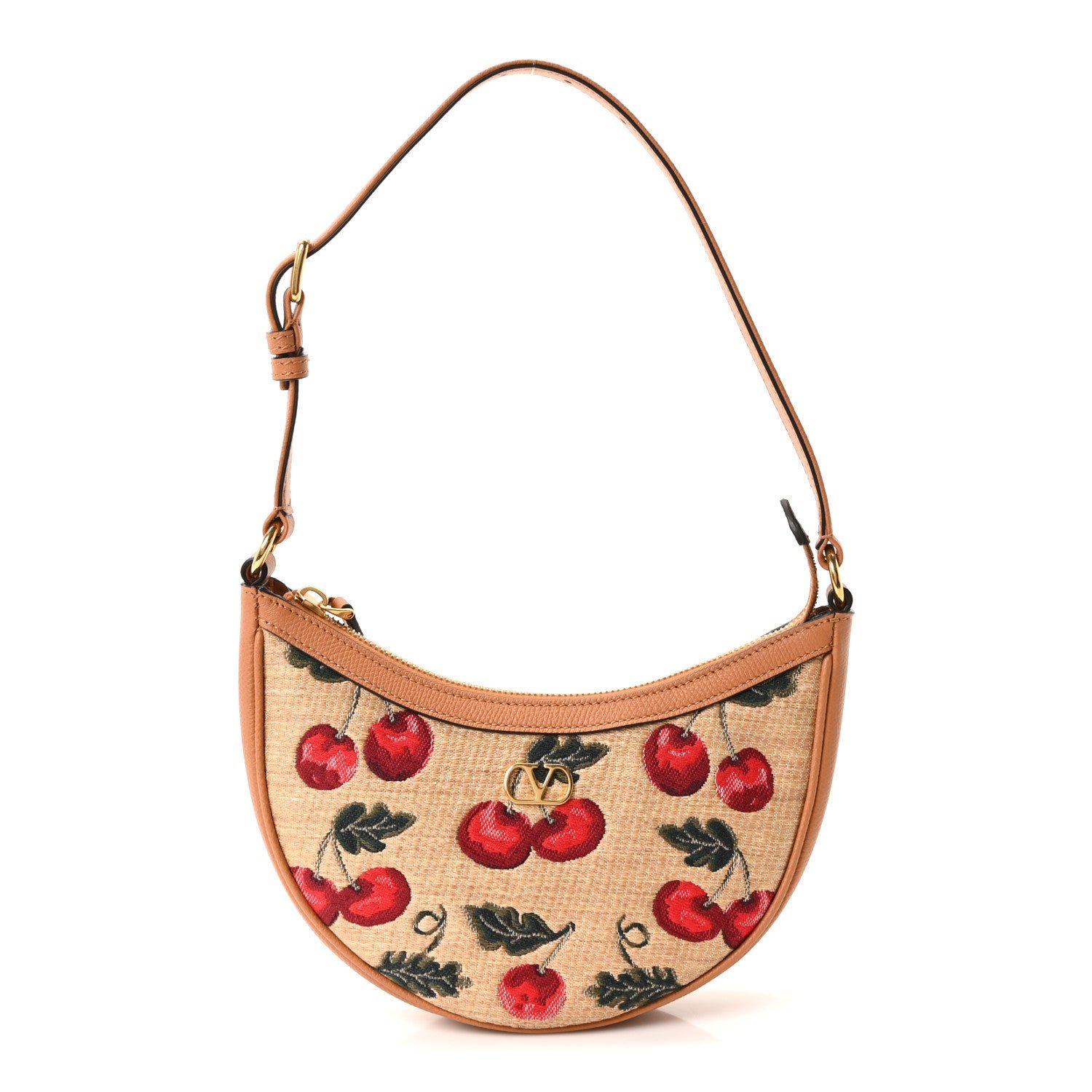 Valentino Garavani Valentino Garavani Jacquard Raffia Cherryfic Mini Vlogo Signature Hobo Bag Natural Red