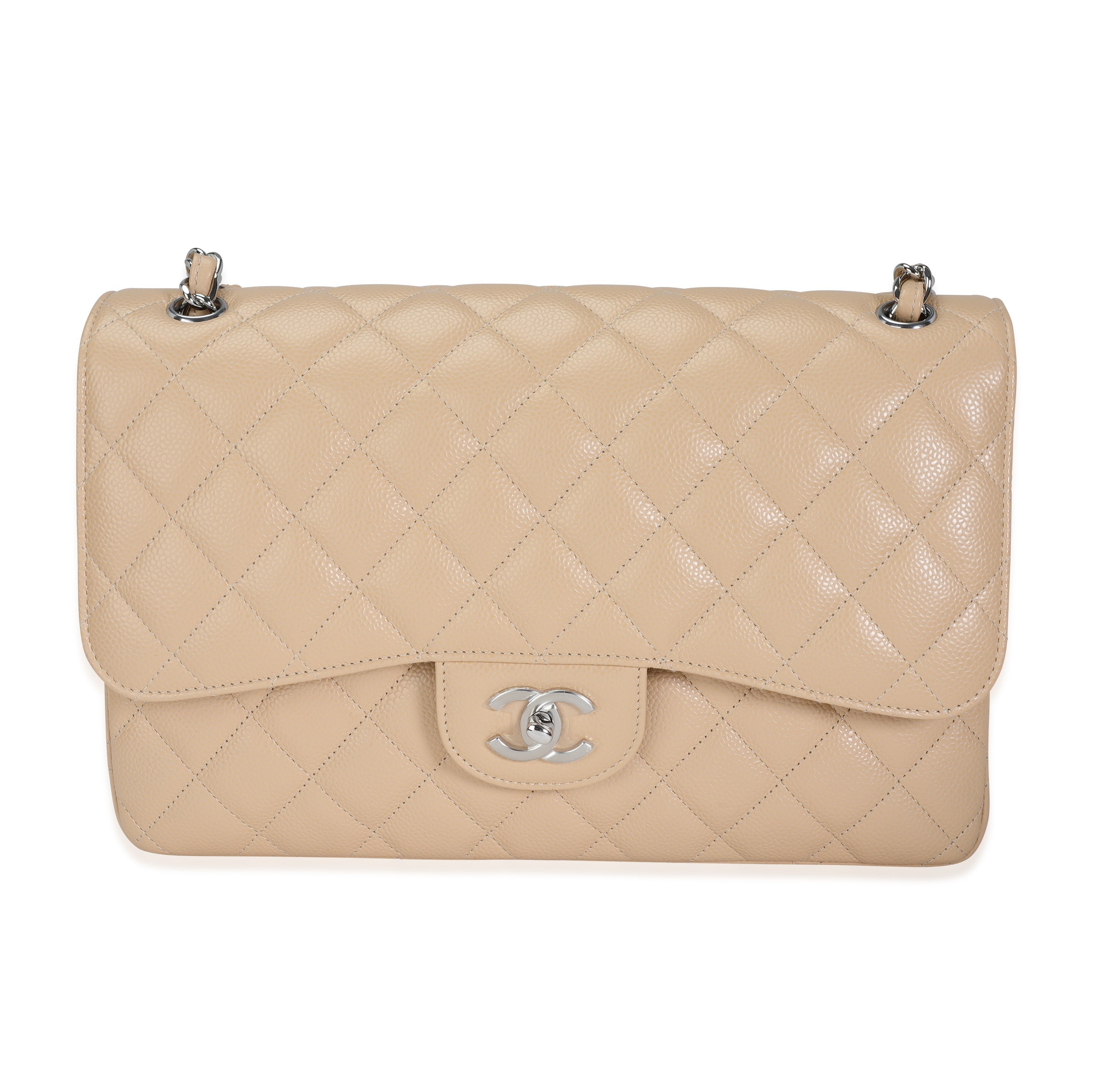 Chanel Beige Quilted Caviar Jumbo Classic Double Flap Handbag