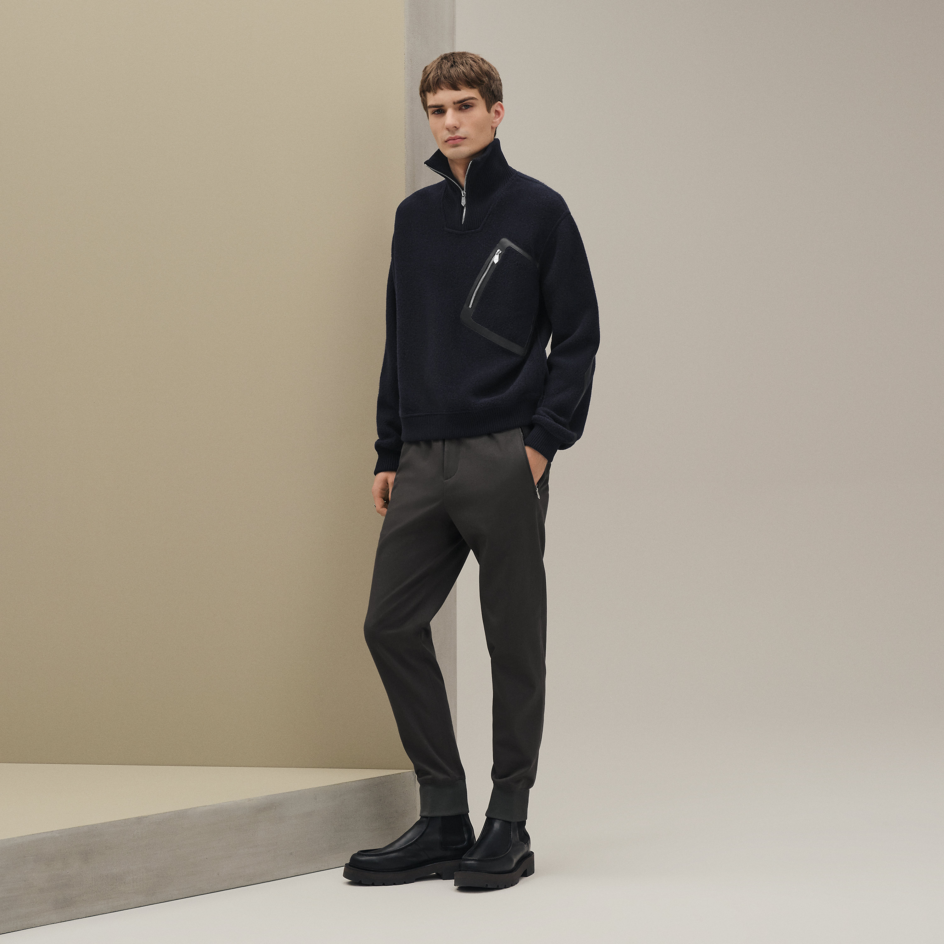 Full-zip sweater with leather detail