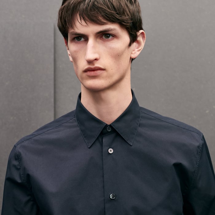 Marine Straight Cut Shirt With Leather Detail