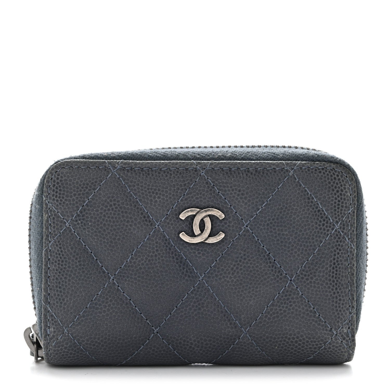 Chanel Caviar Quilted Zip Around Coin Purse Wallet Dark Blue