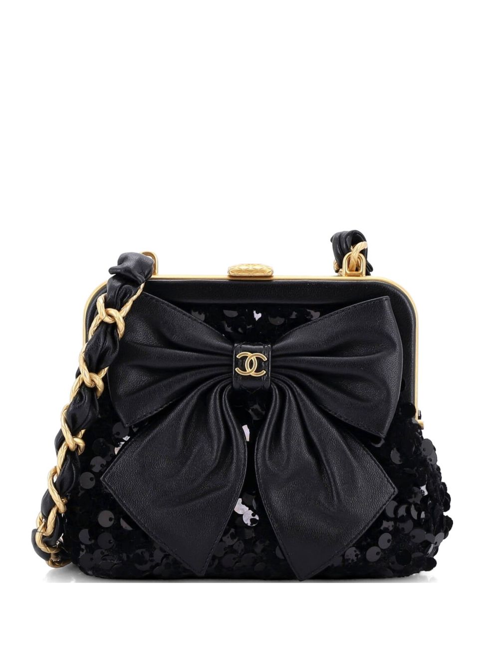 Bow Frame With Chain Sequin Embellished Tweed with Leather Mini clutch bag