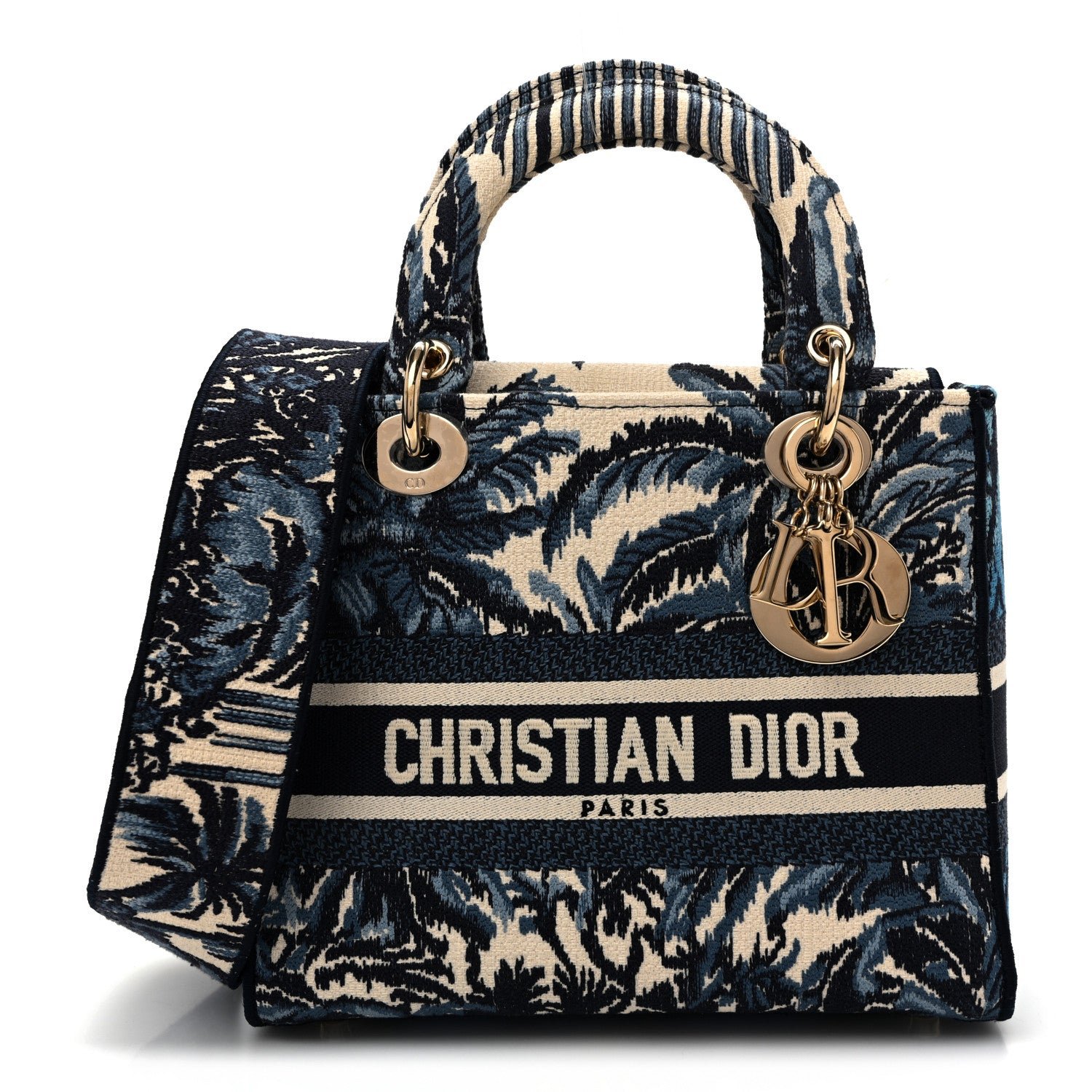 Christian Dior Canvas Embroidered Palm Tree Toile De Jouy Medium Lady D-Lite Blue