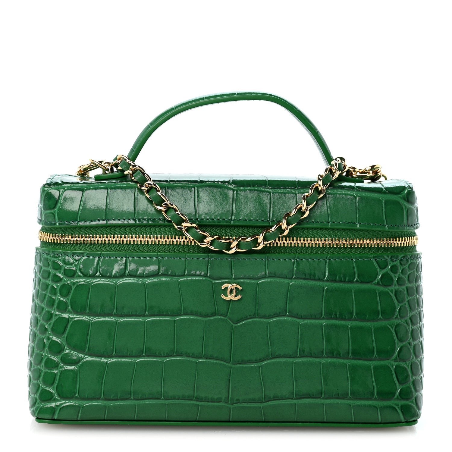Chanel Calfskin Crocodile Embossed Exoticoco Small Top Handle Vanity Case With Chain Emerald