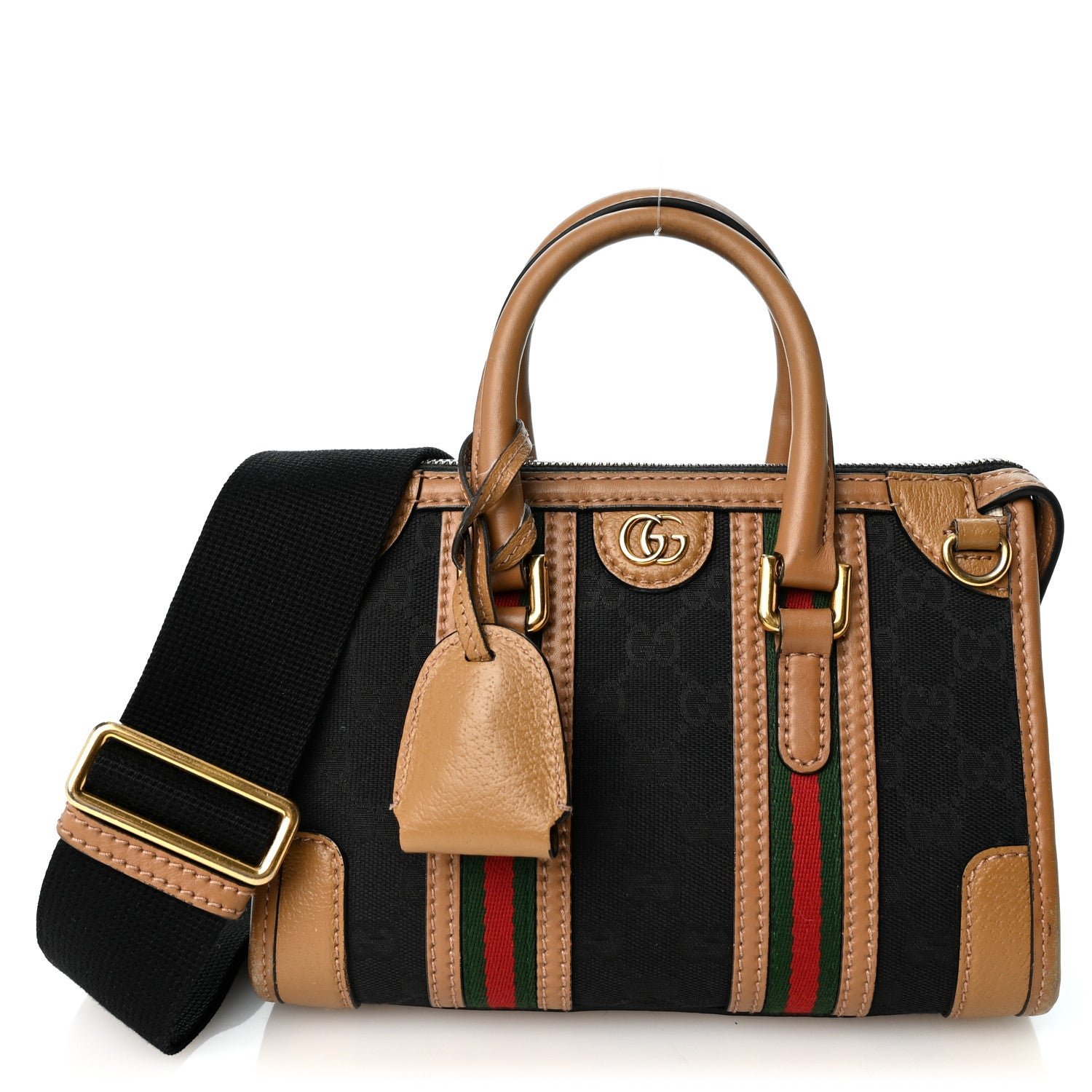 Gucci Monogram Textured Dollar Calfskin Web Mini Bauletto Duffle Top Handle Bag Black Koi Beige