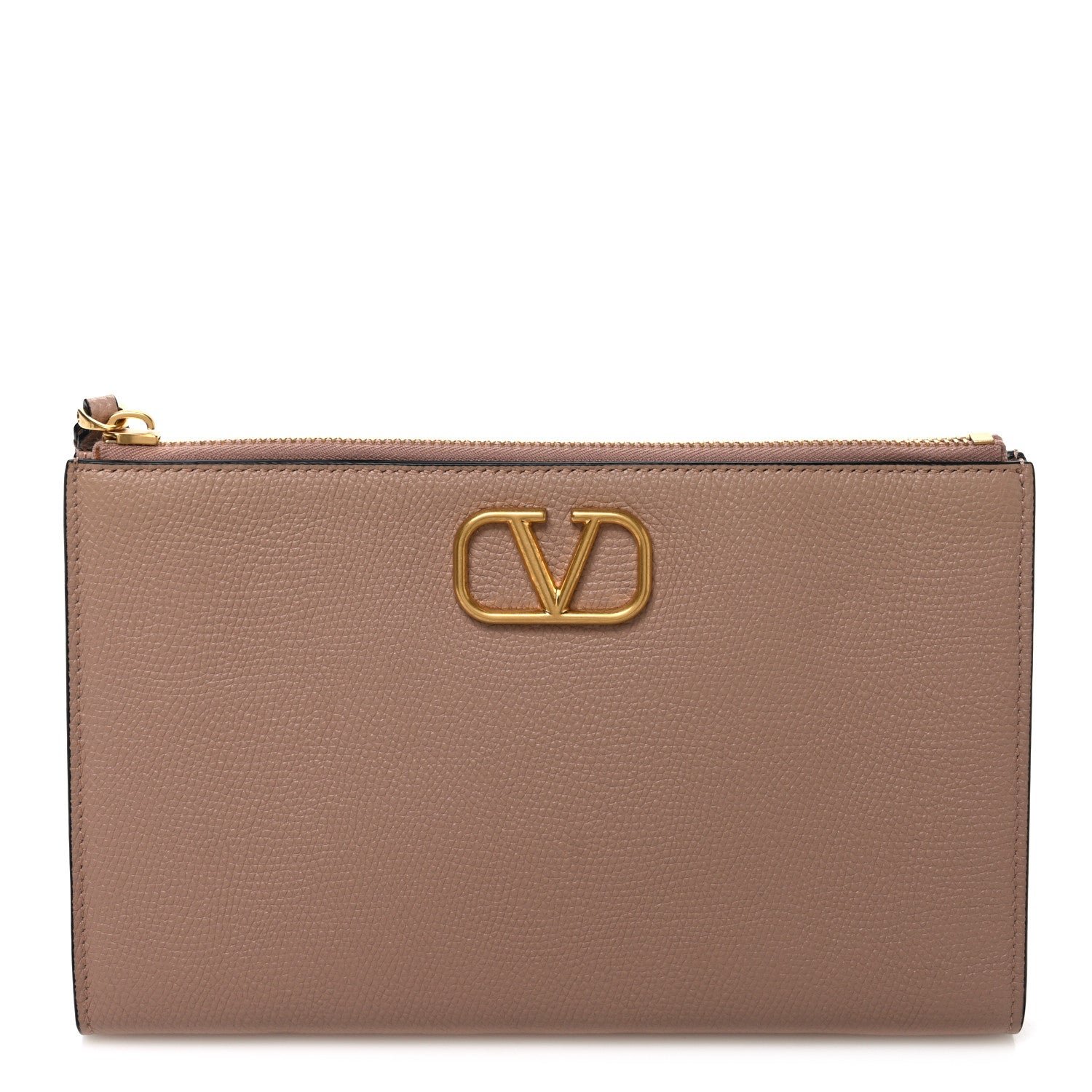 Grained Calfskin Vlogo Zip Wristlet Pouch Poudre