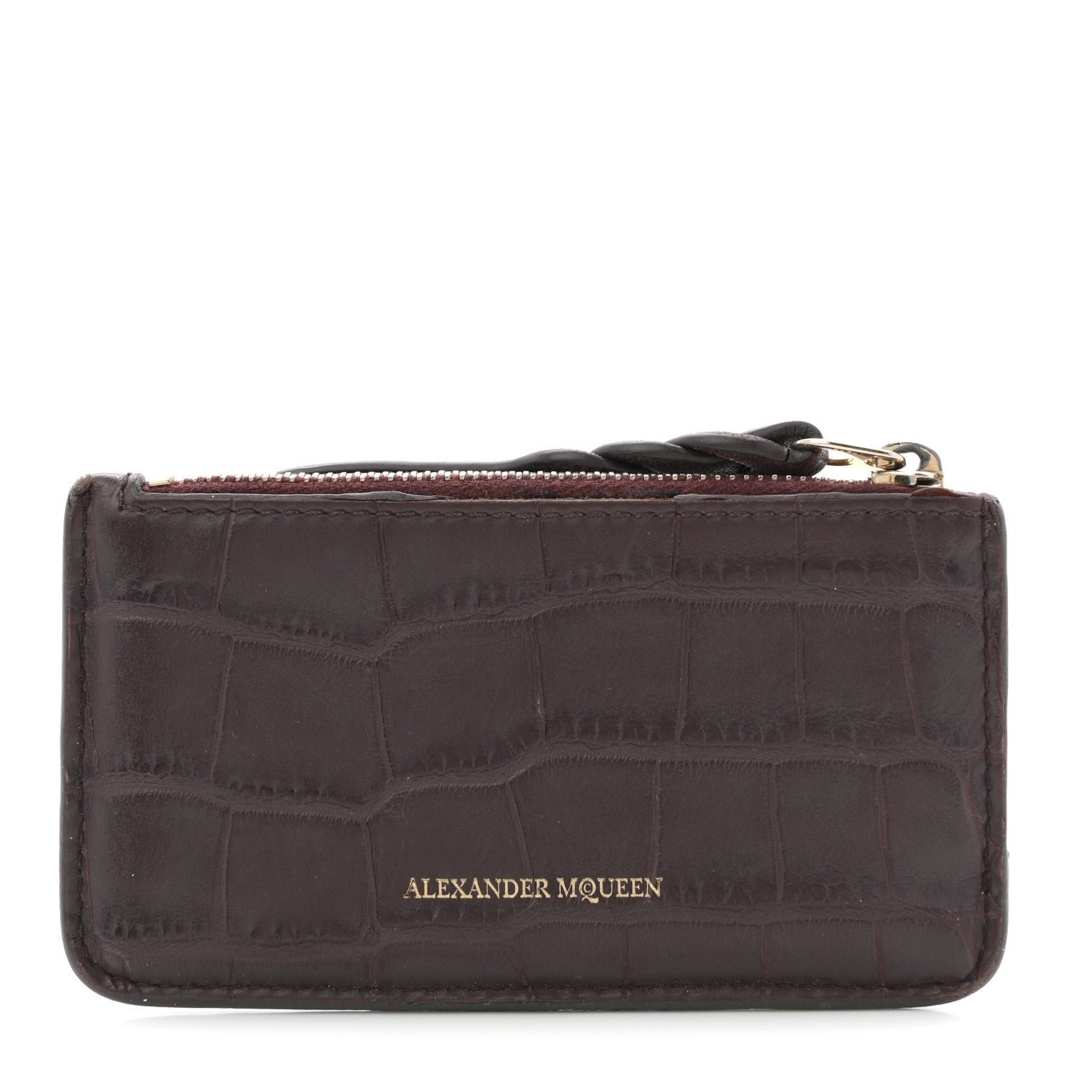 Alexander McQueen Alexander McQueen Calfskin Crocodile Embossed Card Holder Wallet Burgundy