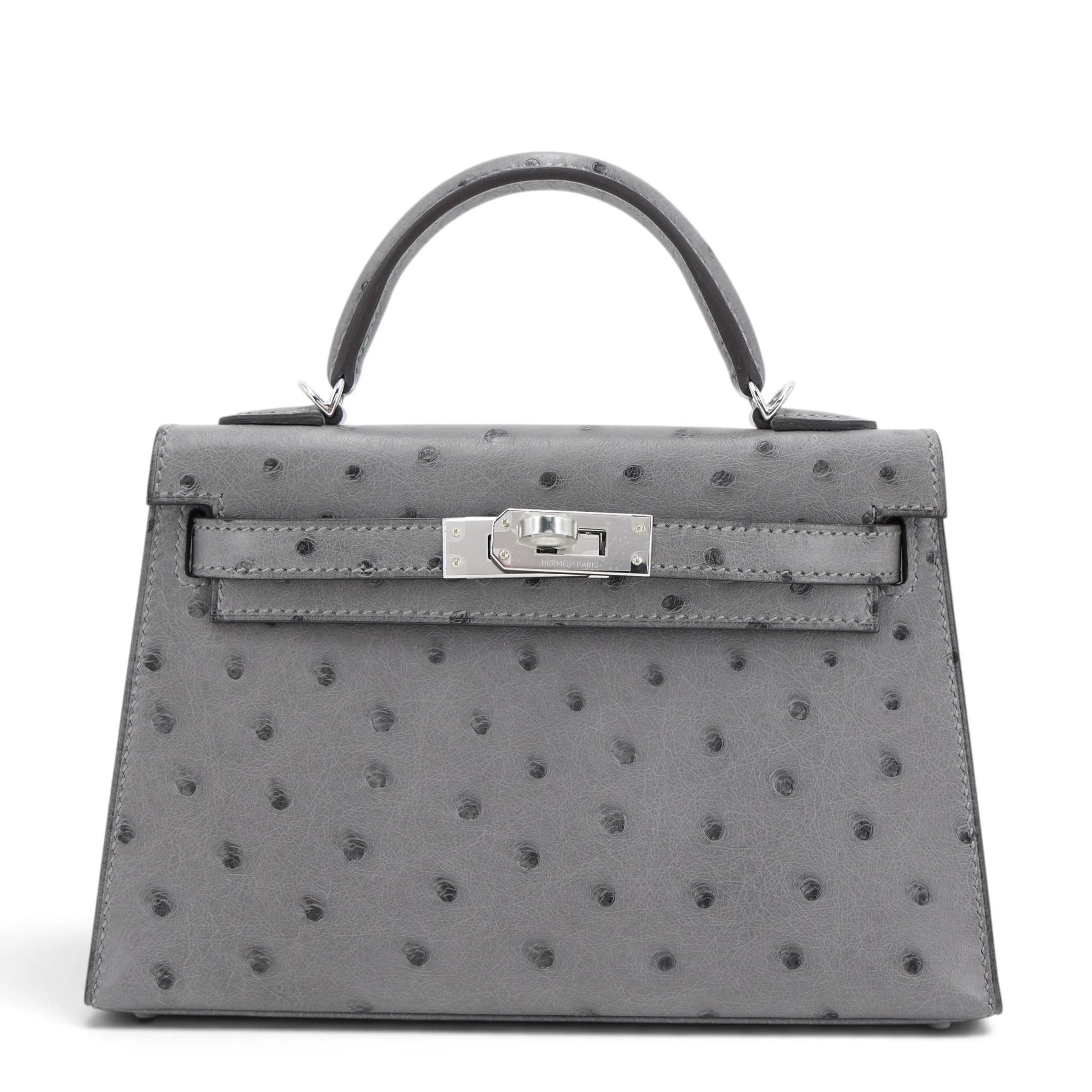 Brand New ( Rank N ) HERMÈS Mini Kelly II Gris Meyer (0L) Ostrich Palladium hardware G (2026)