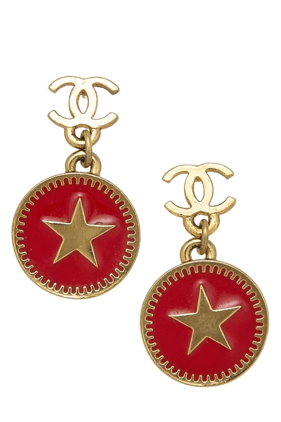Red Enamel 'CC' Star Dangle Earrings