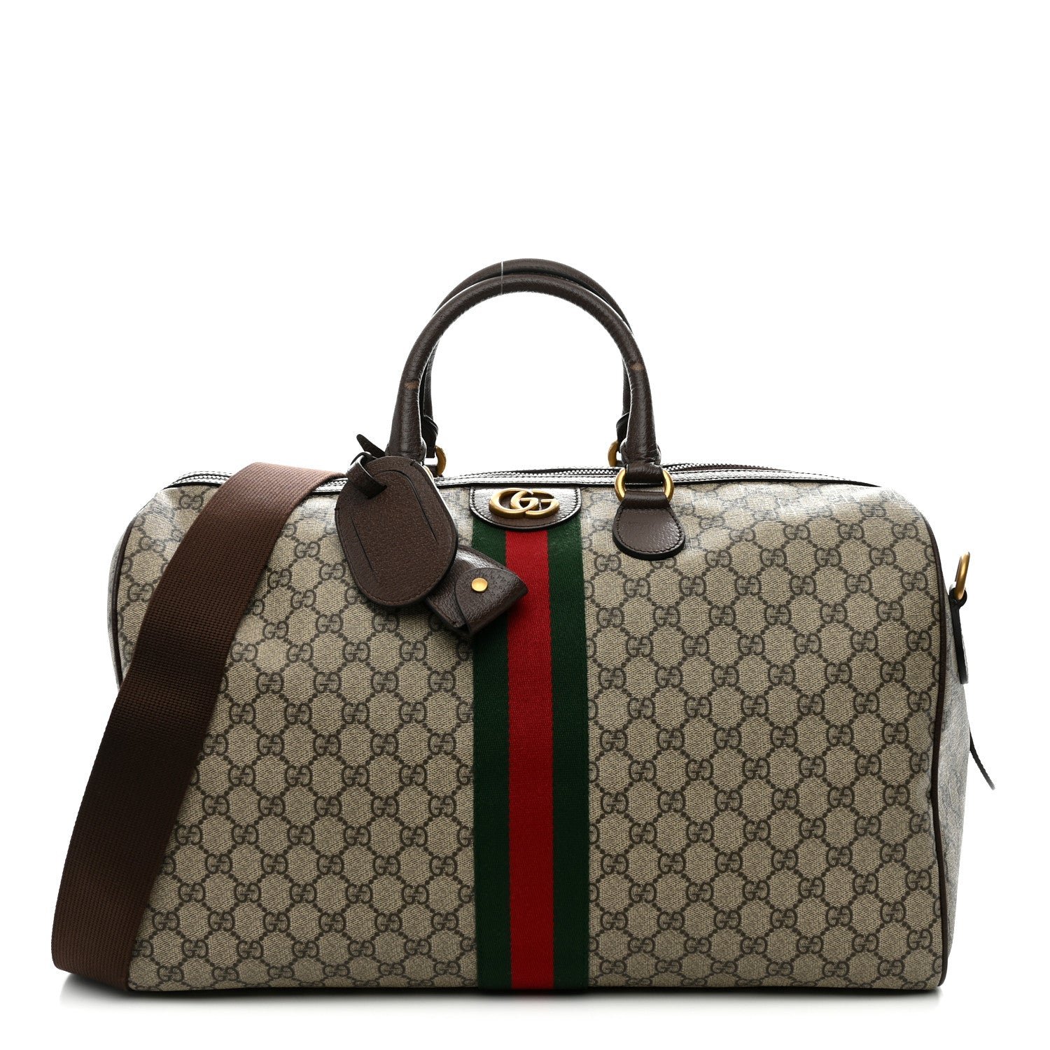 Gucci GG Supreme Monogram Textured Dollar Calfskin Web Medium Ophidia Carry-On Duffle Bag Beige Ebony New Acero