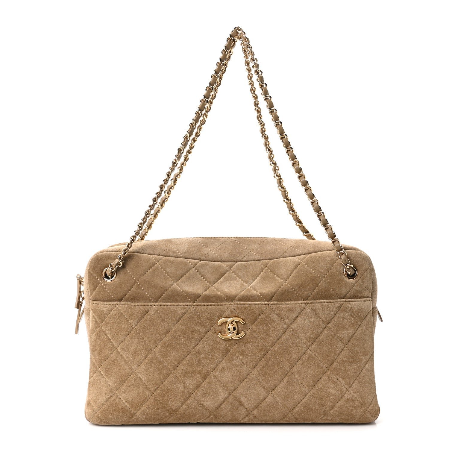 Chanel Suede Calfskin Maxi Camera Case Dark Beige