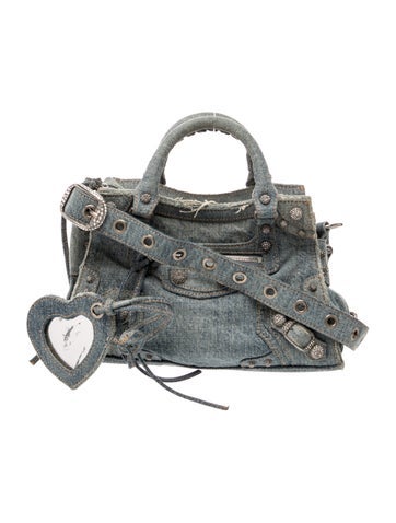Denim Washed Frayed Denim Crystal Neo Cagole Handbag XS