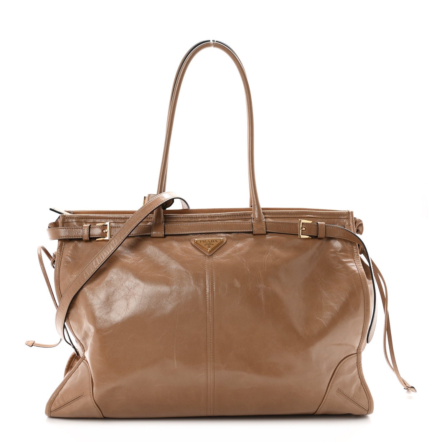Prada Glossy Calfskin Triangle Extra Large Bonnie Shoulder Bag Cameo