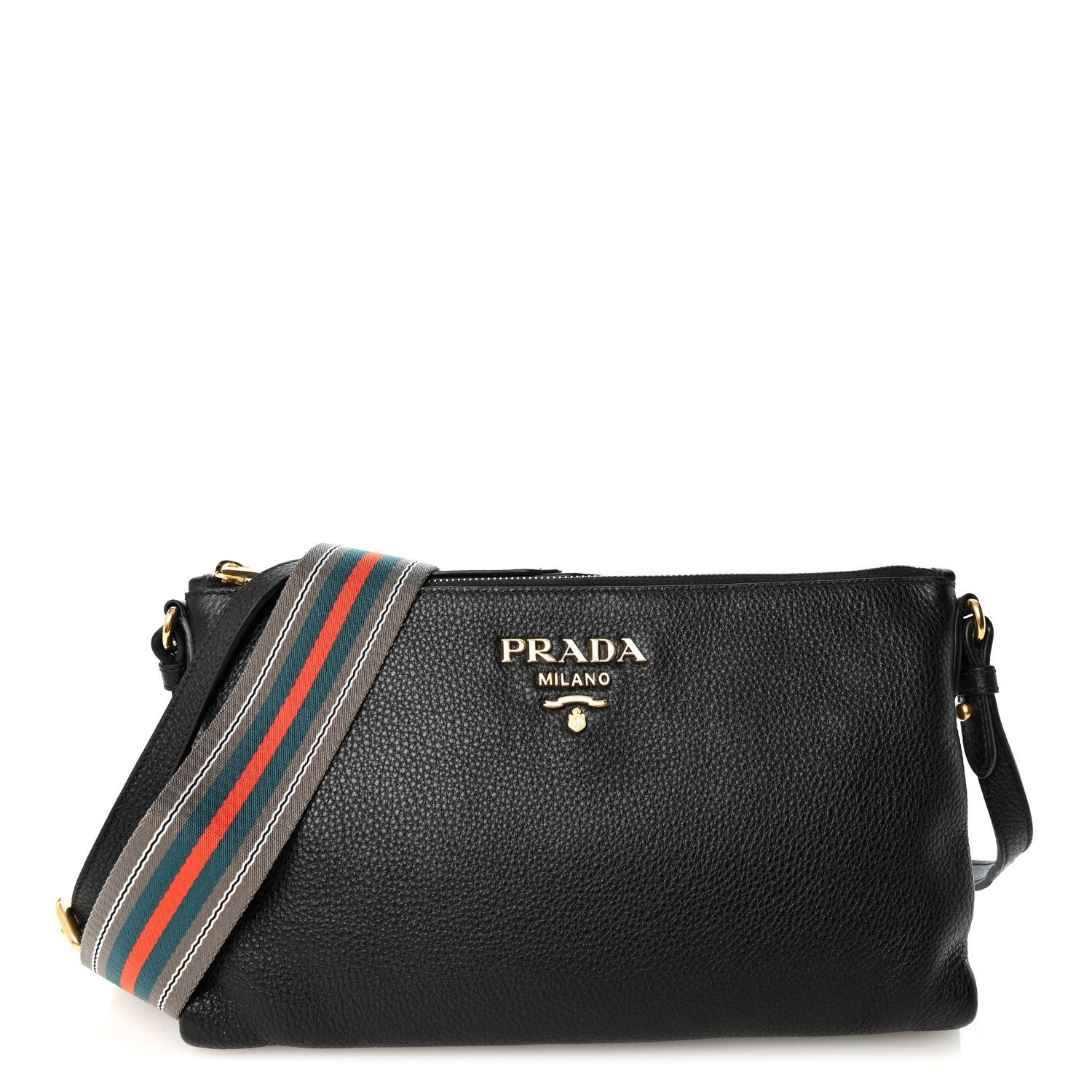 Prada Vitello Daino Zippered Shoulder Bag  Black