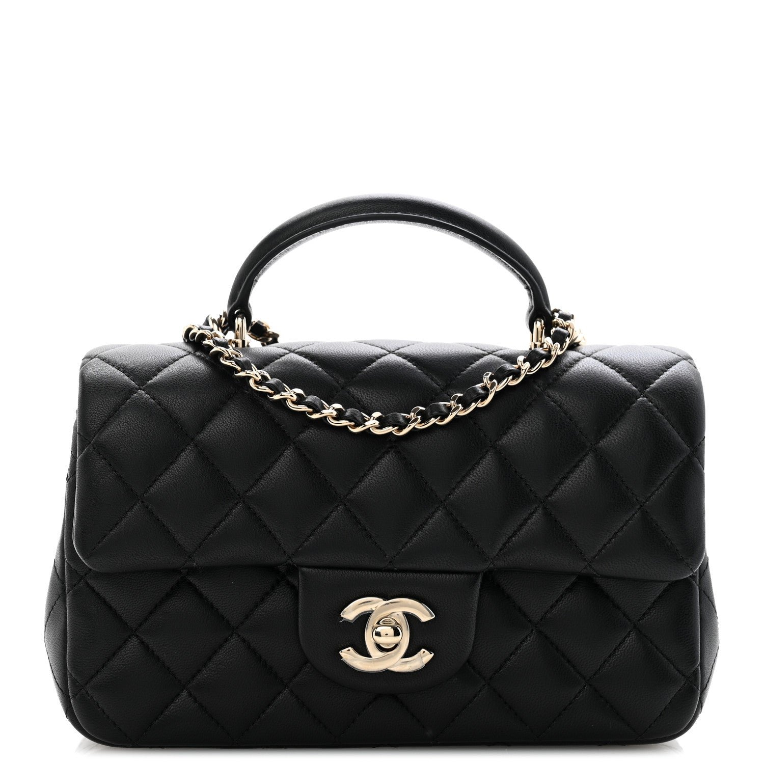 Chanel Lambskin Quilted Mini Top Handle Rectangular Flap Black