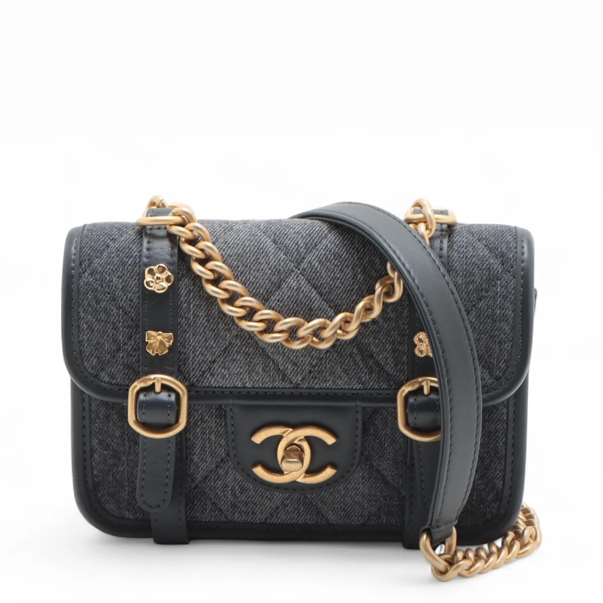 Chanel Matelasse Denim 2 Way Handbag Gray Gold Metal Fittings random plate