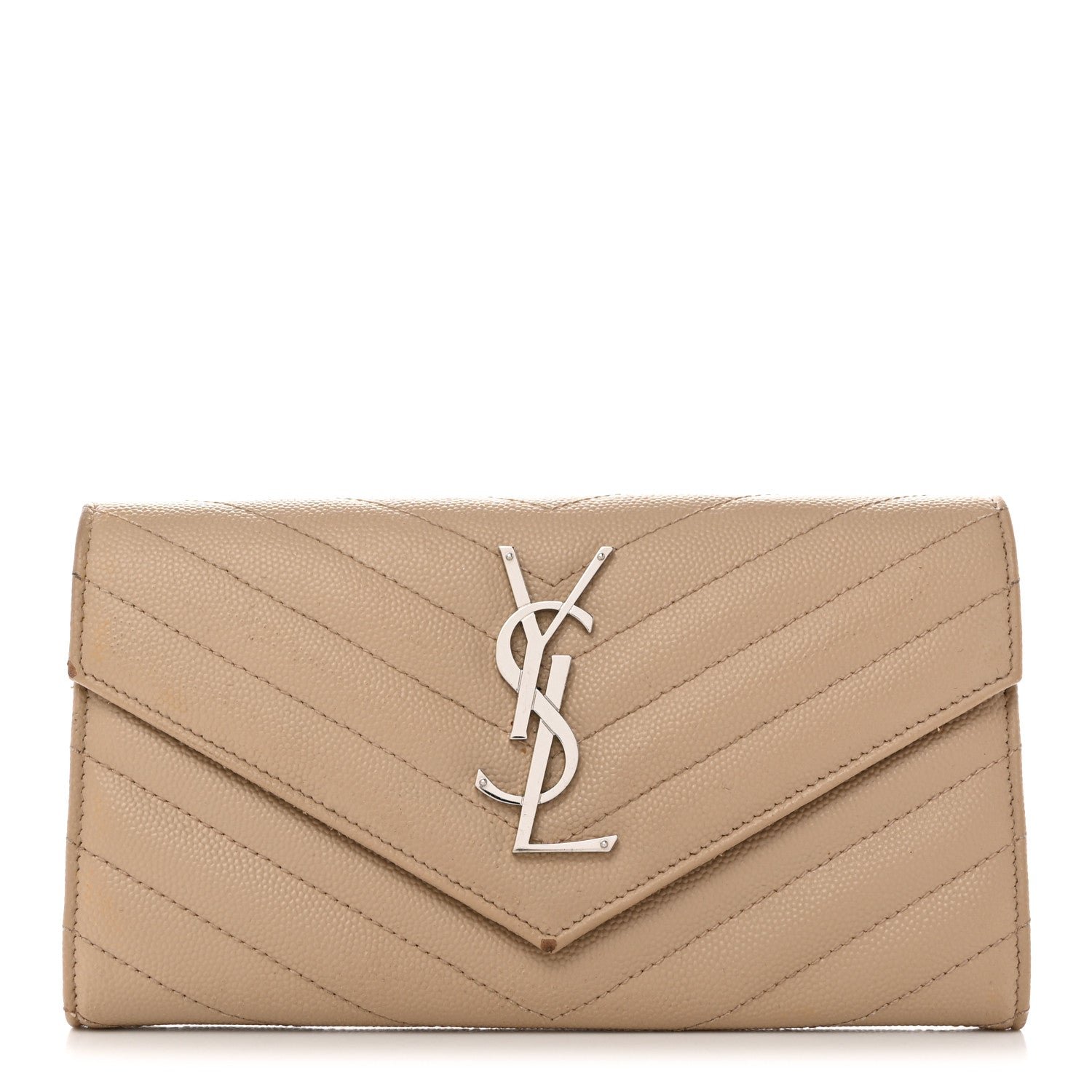 Saint Laurent Grain De Poudre Matelasse Chevron Monogram Flap Wallet Dark Beige