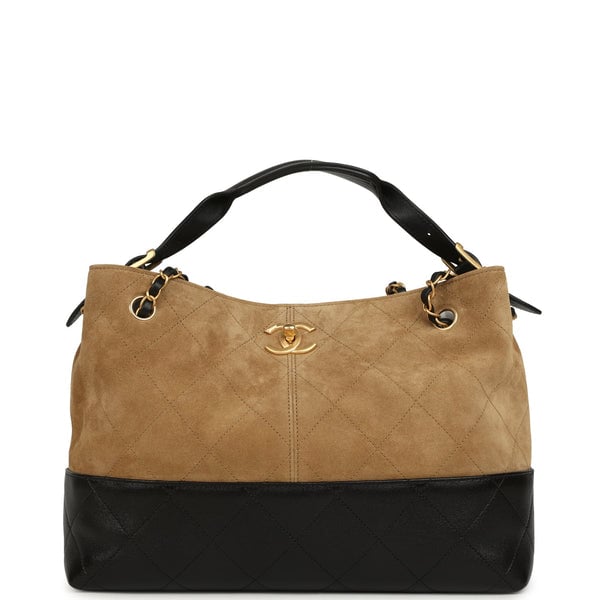 Chanel Small Coco Base Hobo Bag Brown Suede and Black Shiny Lambskin Brushed Gold Hardware