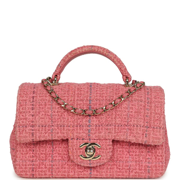 Pre-owned Chanel Mini Classic Rectangular Top Handle Flap Bag Pink Tweed Light Gold Hardware