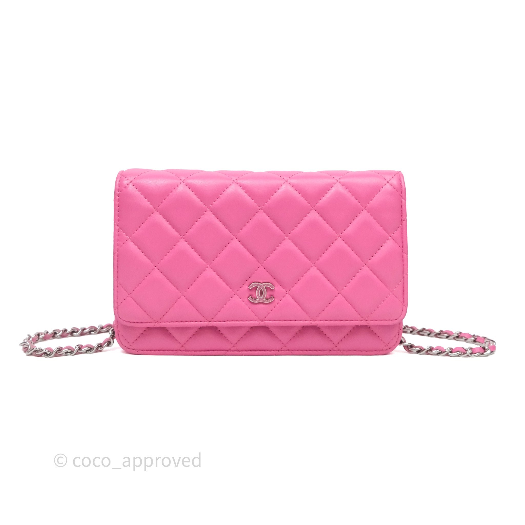 Chanel Classic Quilted Wallet on Chain WOC Pink Lambskin Silver Hardware