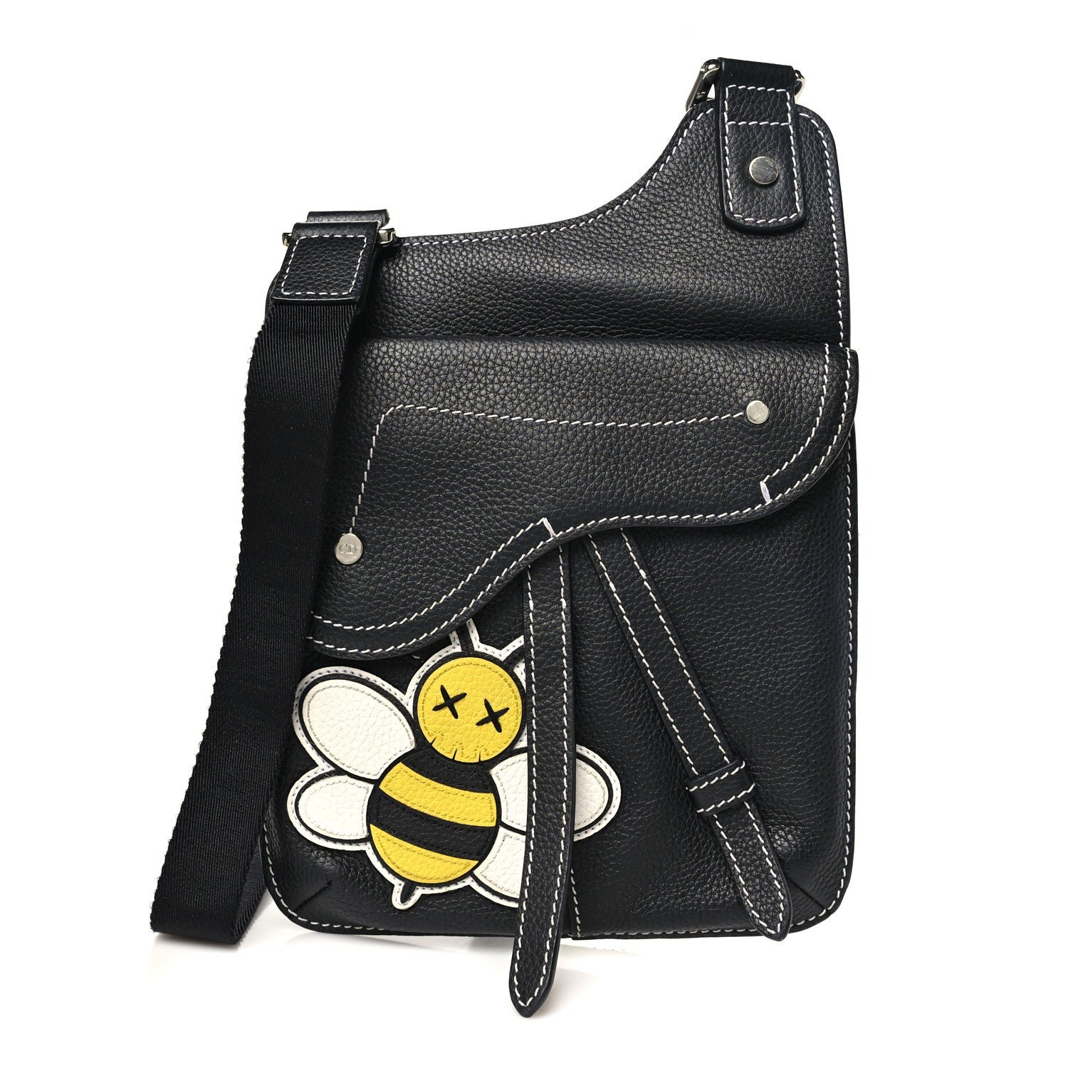 Christian Dior X KAWS Grained Calfskin Bee Saddle Pouch Black