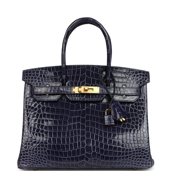 Hermes Pre-owned Hermes Birkin 30 Bleu Encre Shiny Porosus Crocodile Gold Hardware