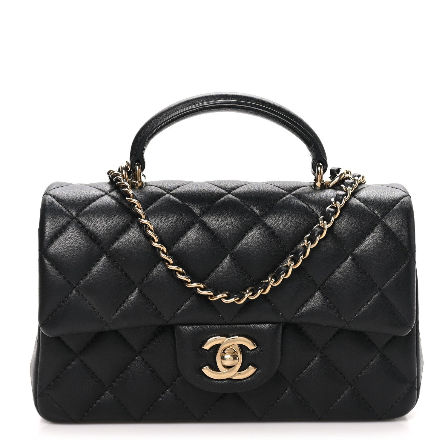 Chanel Lambskin Quilted Mini Top Handle Rectangular Flap Black