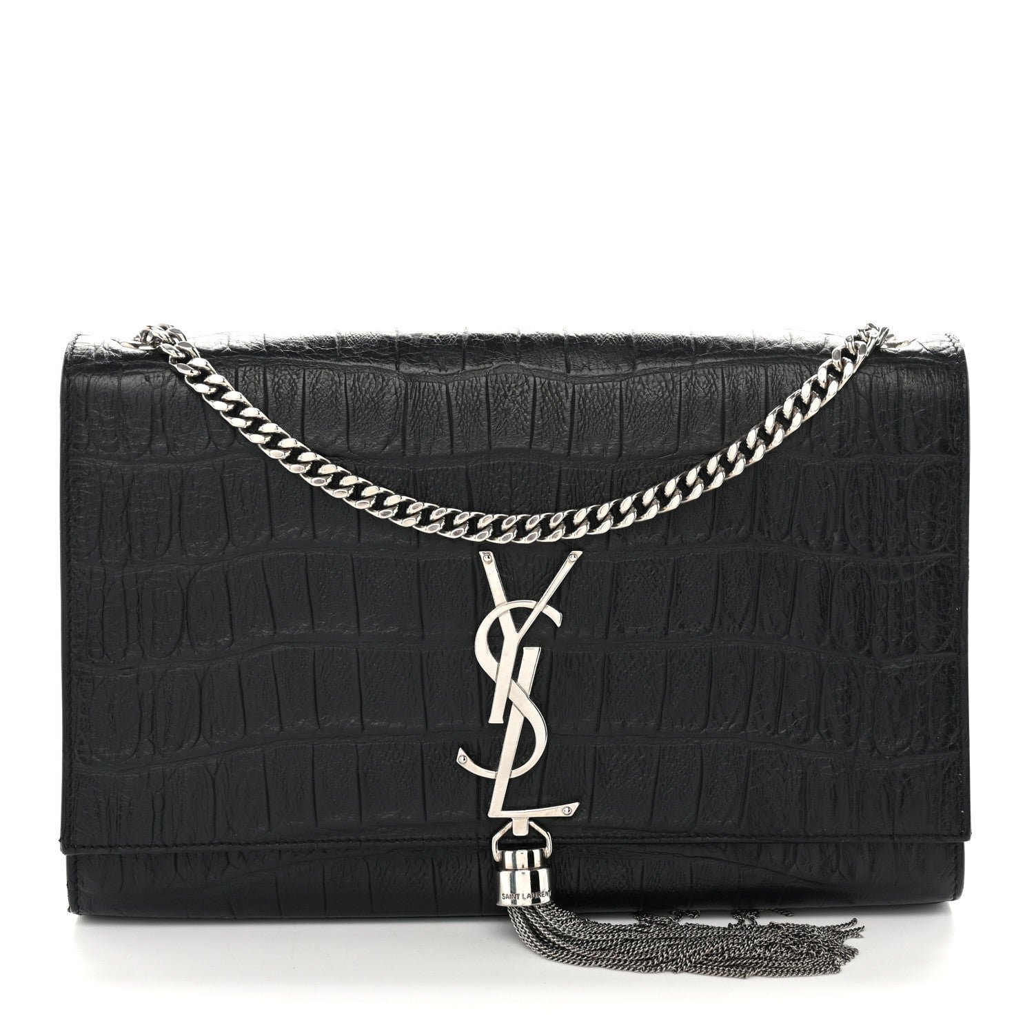 Saint Laurent Calfskin Crocodile Embossed Medium Classic Monogram Kate Tassel Satchel Black