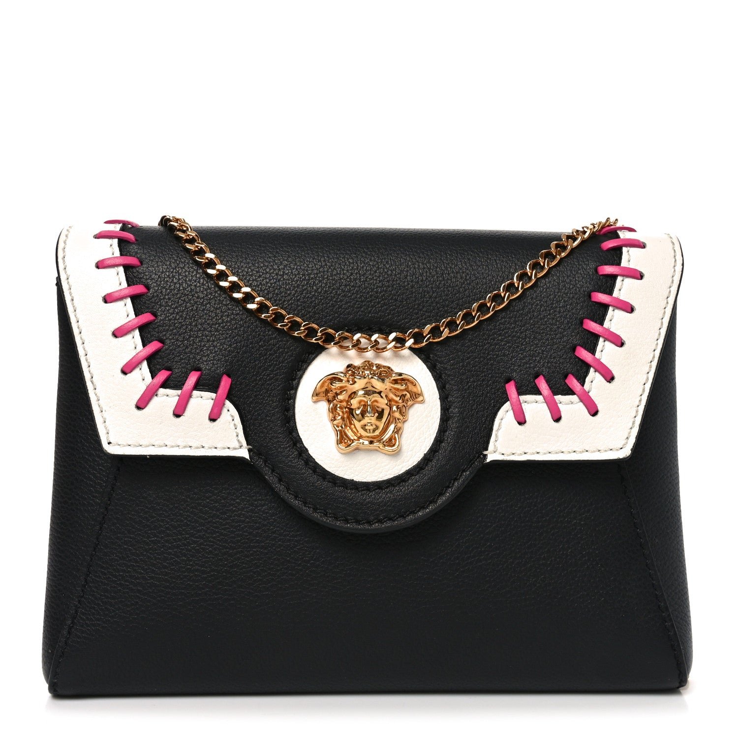 Versace Calfskin Medusa Whipstitch Envelope Clutch Black White