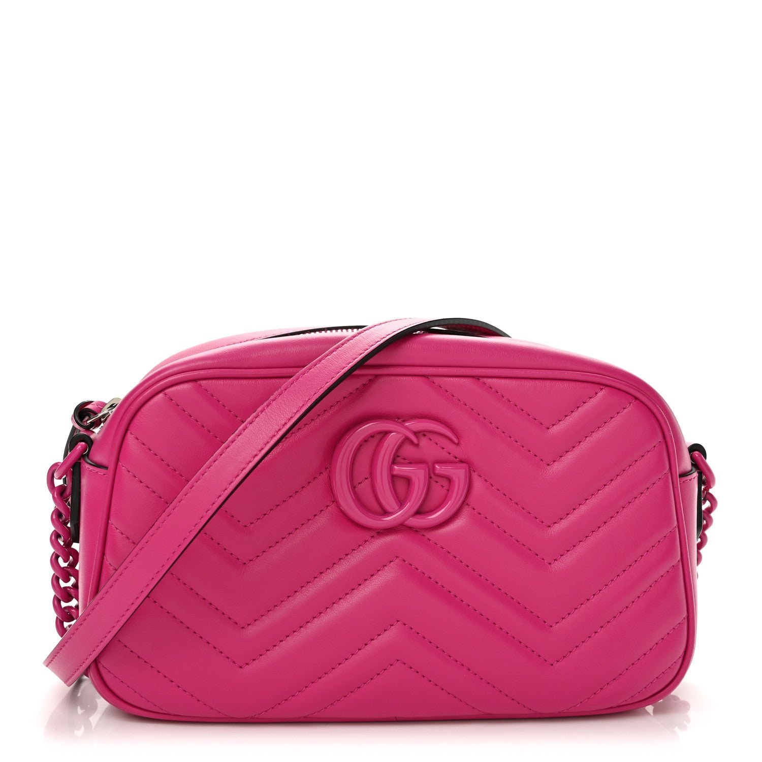 Gucci Calfskin Matelasse Monochrome Small GG Marmont Chain Shoulder Bag Classic Fuxia