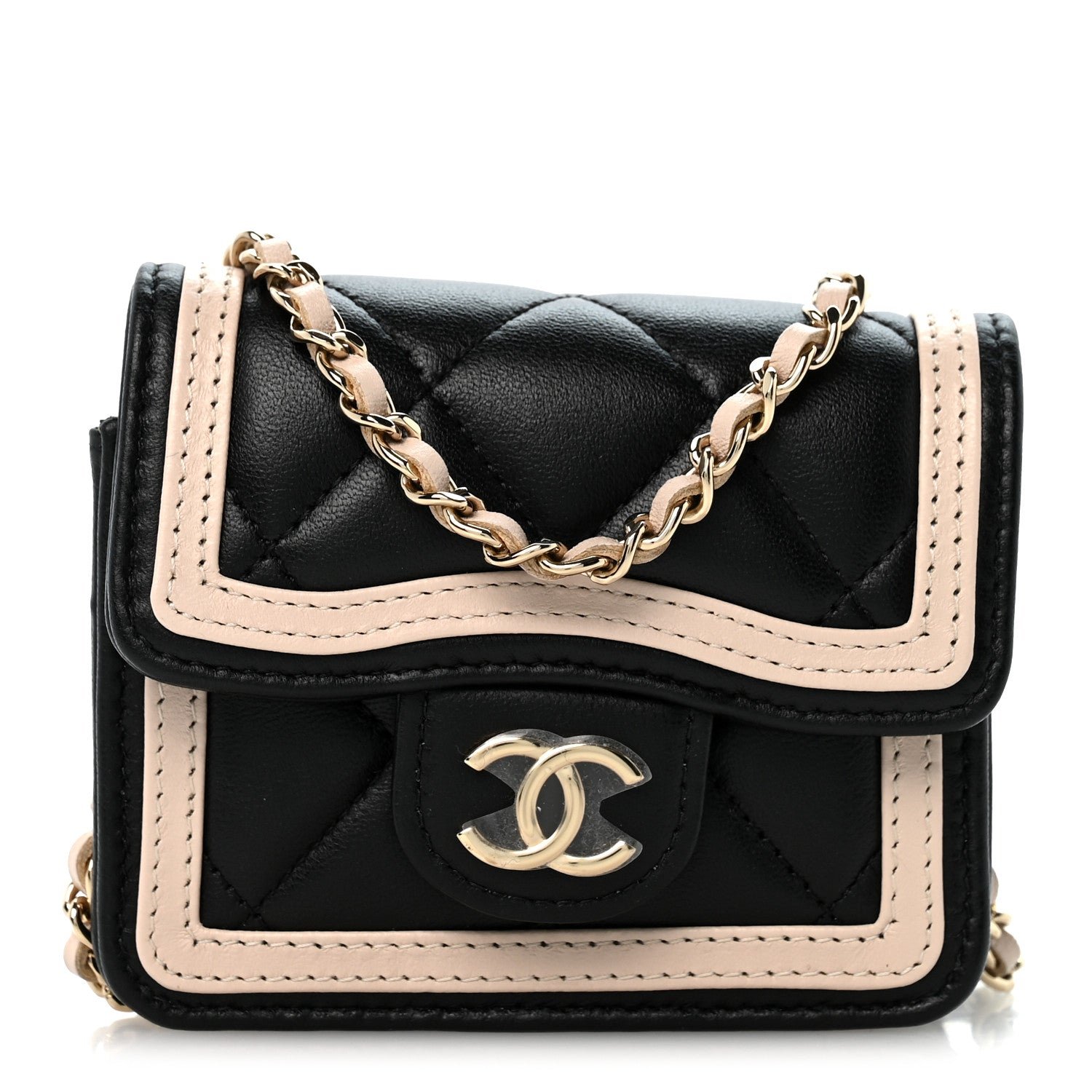 Chanel Lambskin Quilted Flap Clutch On Chain Black Beige