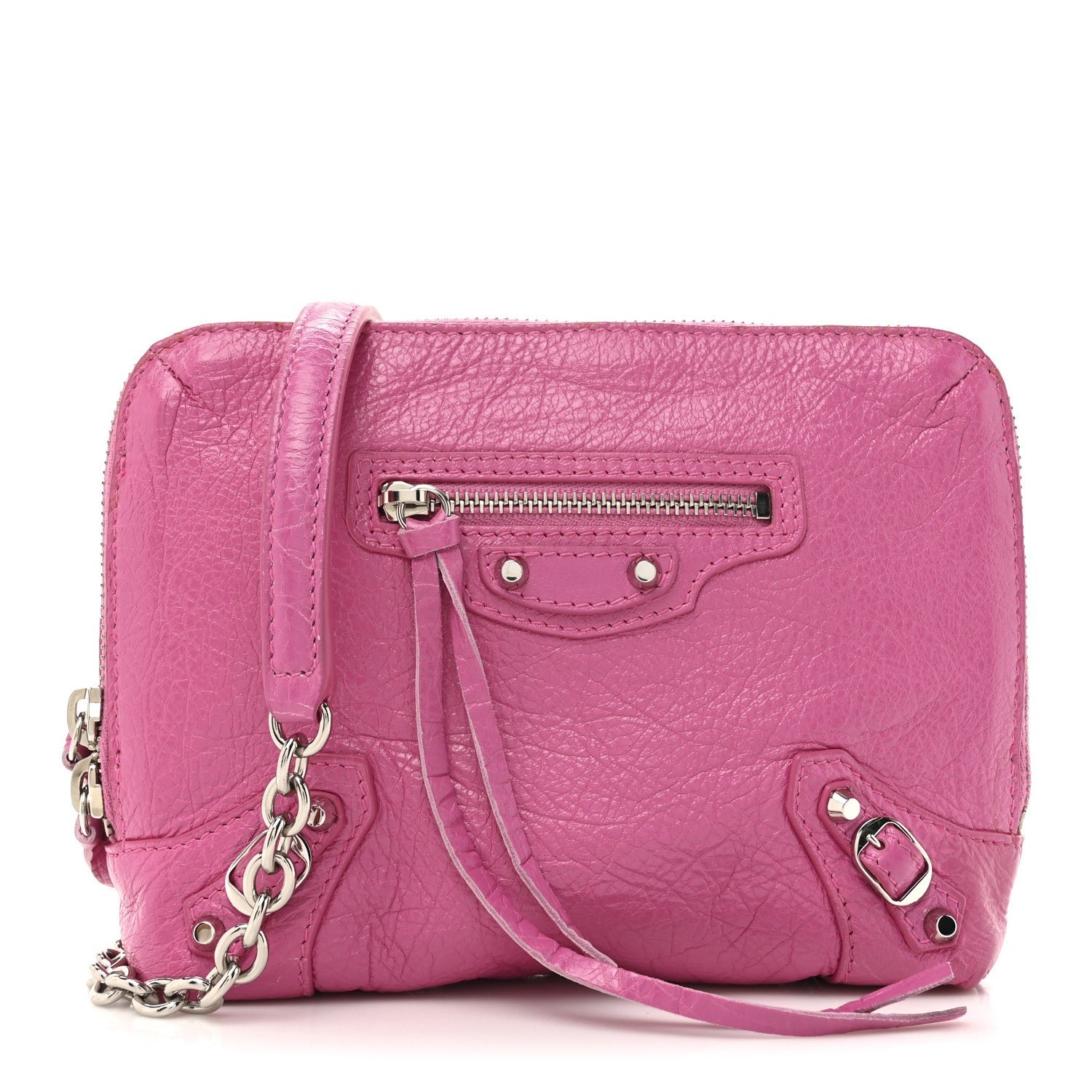 Balenciaga Agneau Arena Classic Silver Hardware Pouch With A Chain Crossbody Rose Flamingo