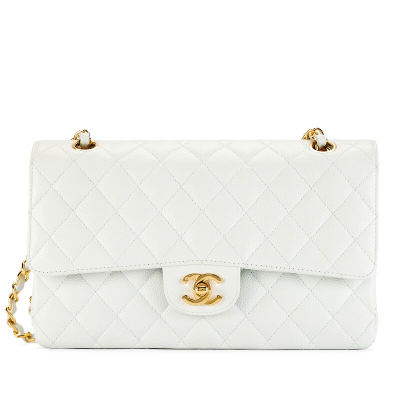 Vintage Icy White Quilted Caviar Medium Classic Double Flap Bag Gold Hardware, 2003-2004
