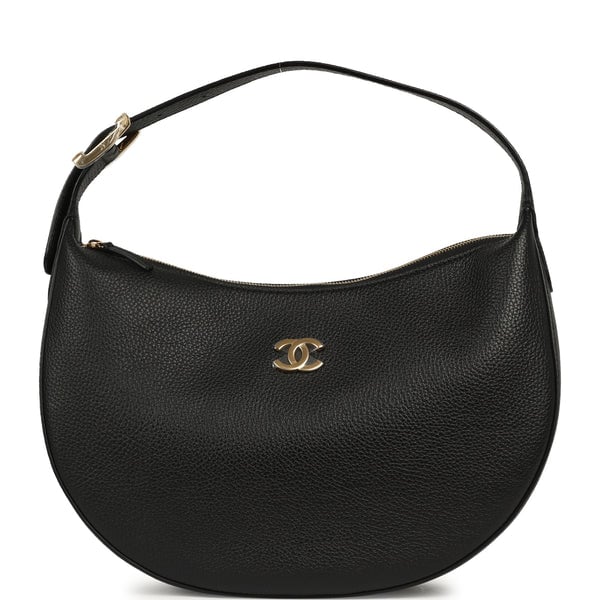 Chanel Round Top Handle Hobo Bag Black Grained Calfskin Gold Hardware