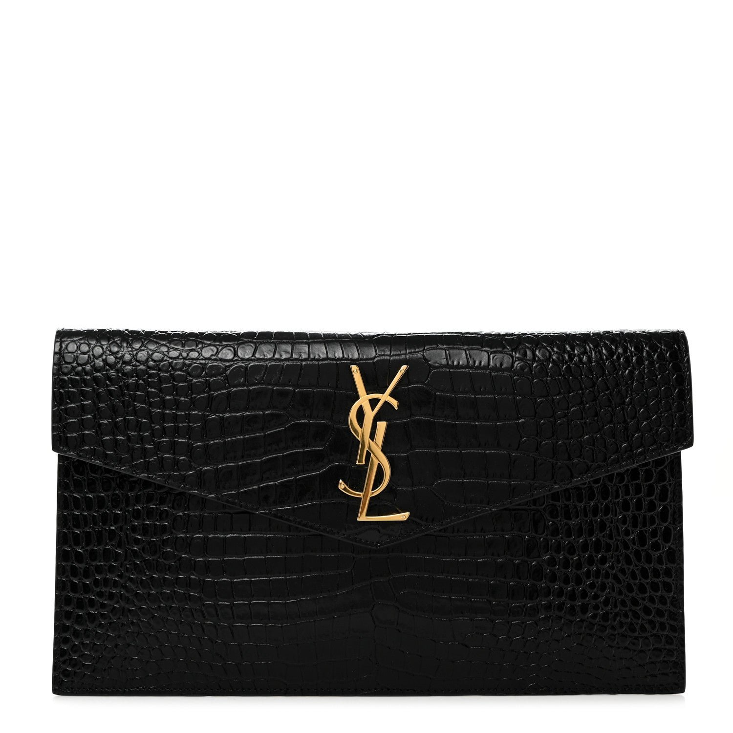 Saint Laurent Calfskin Crocodile Embossed Uptown Monogram Pouch Black