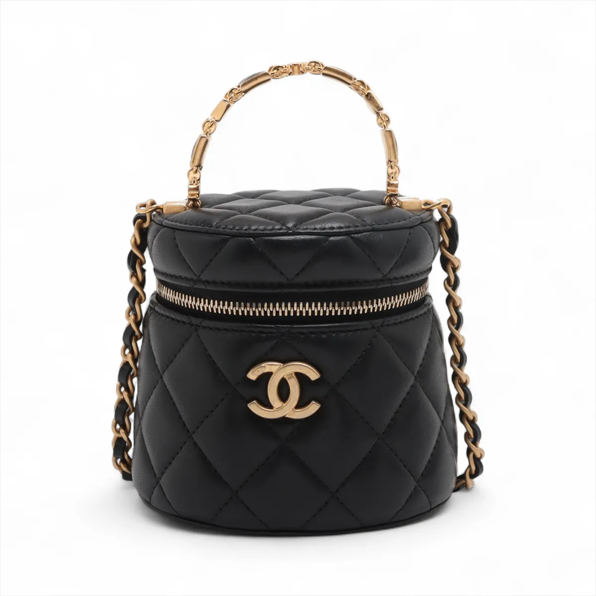 Chanel Matelasse Lambskin 2 Way Shoulder Bag Vanity Black Gold Metal Fittings ra