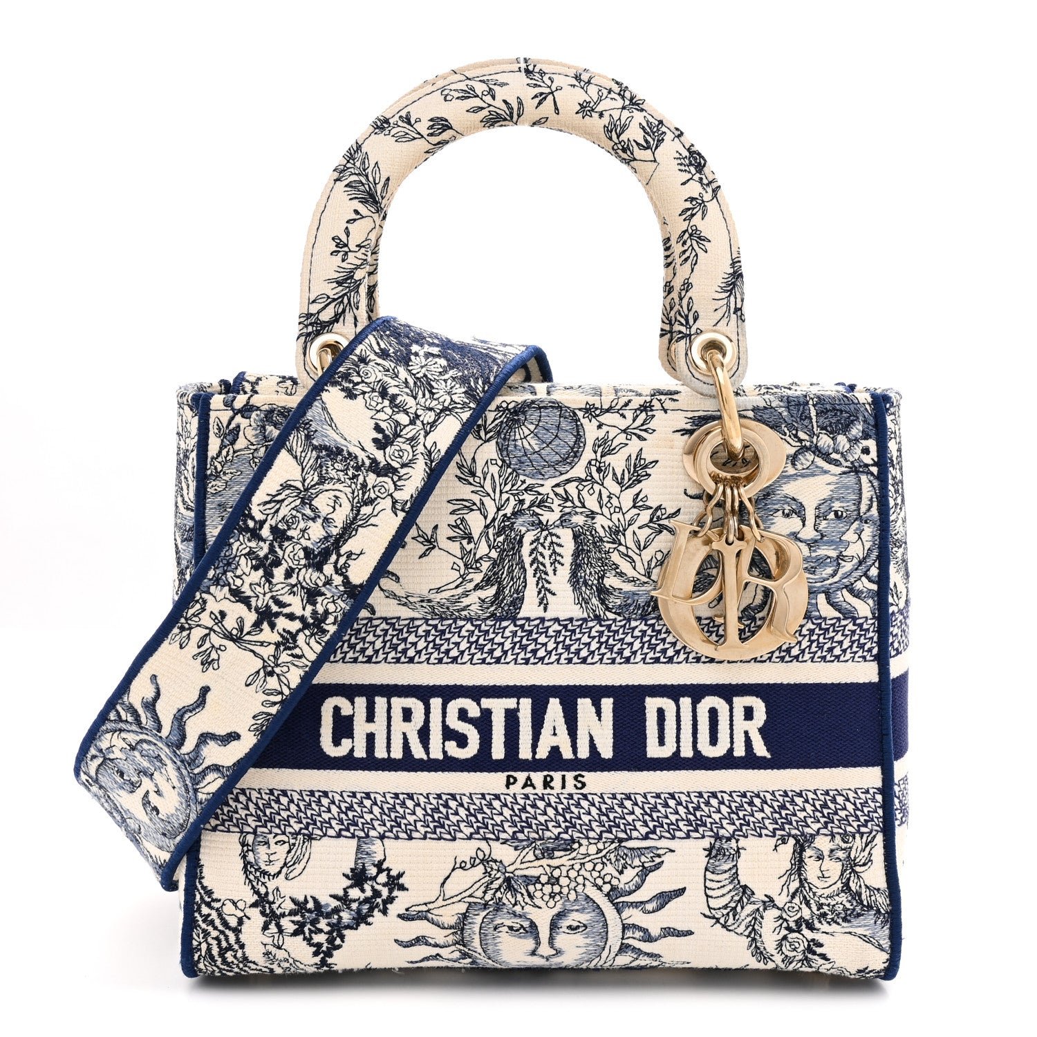 Christian Dior Canvas Embroidered Toile De Jouy Soleil Medium Lady D-Lite Blue