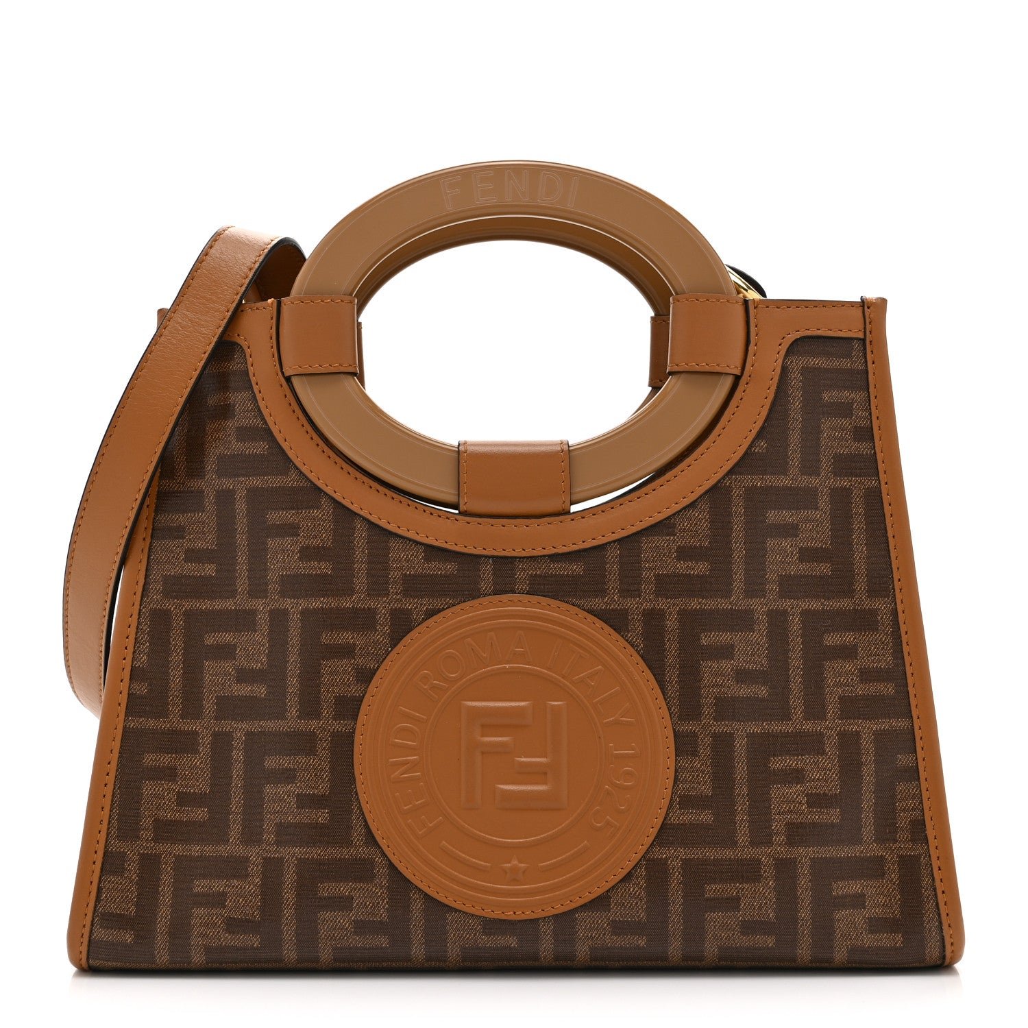 Fendi Glazed Fabric Vitello Century Plexiglass FF 1974 Stamp Patch Small Runaway Shopper Tote Mogano Panna Nocciola