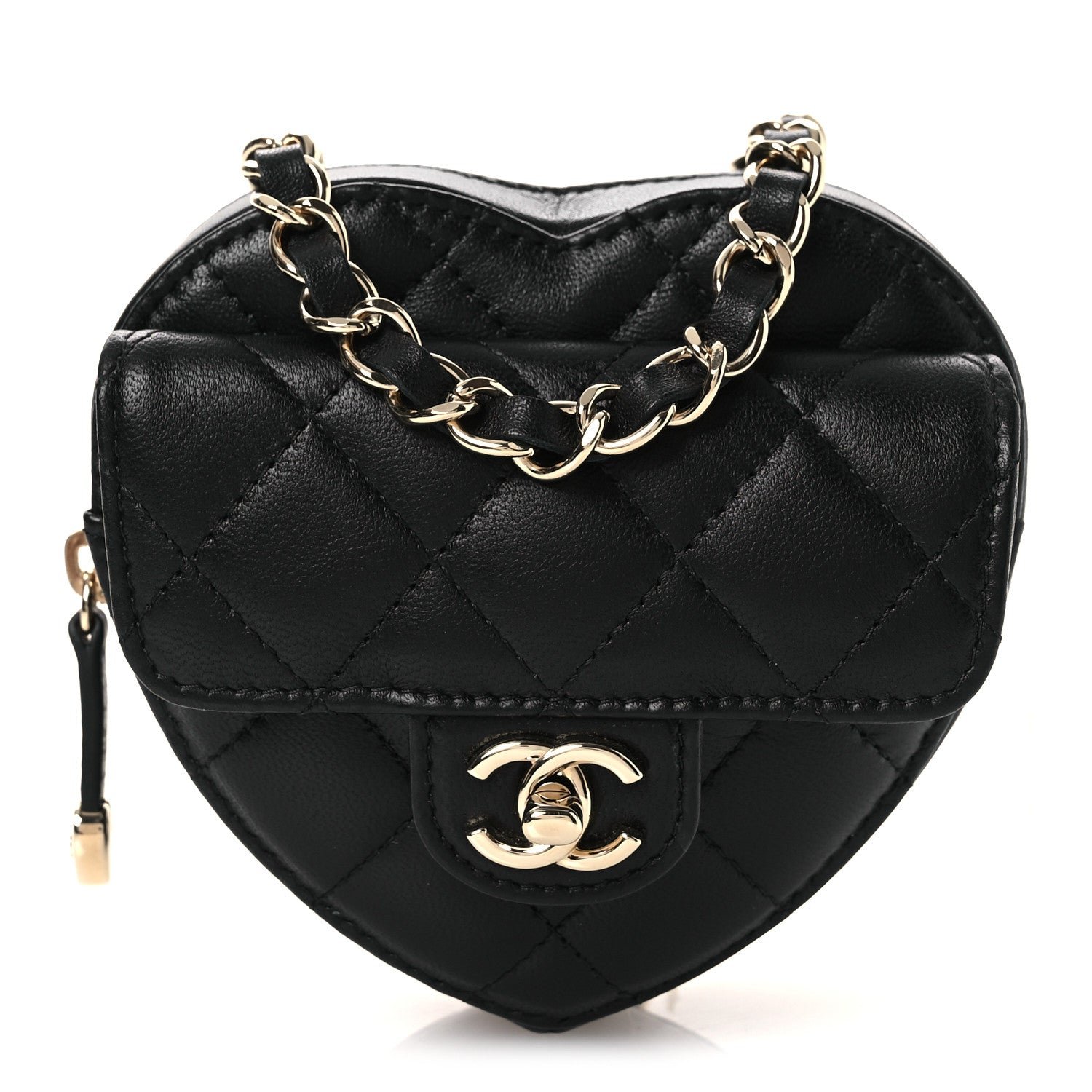 Chanel Lambskin Quilted CC In Love Heart Waist Belt Bag With Chain Black