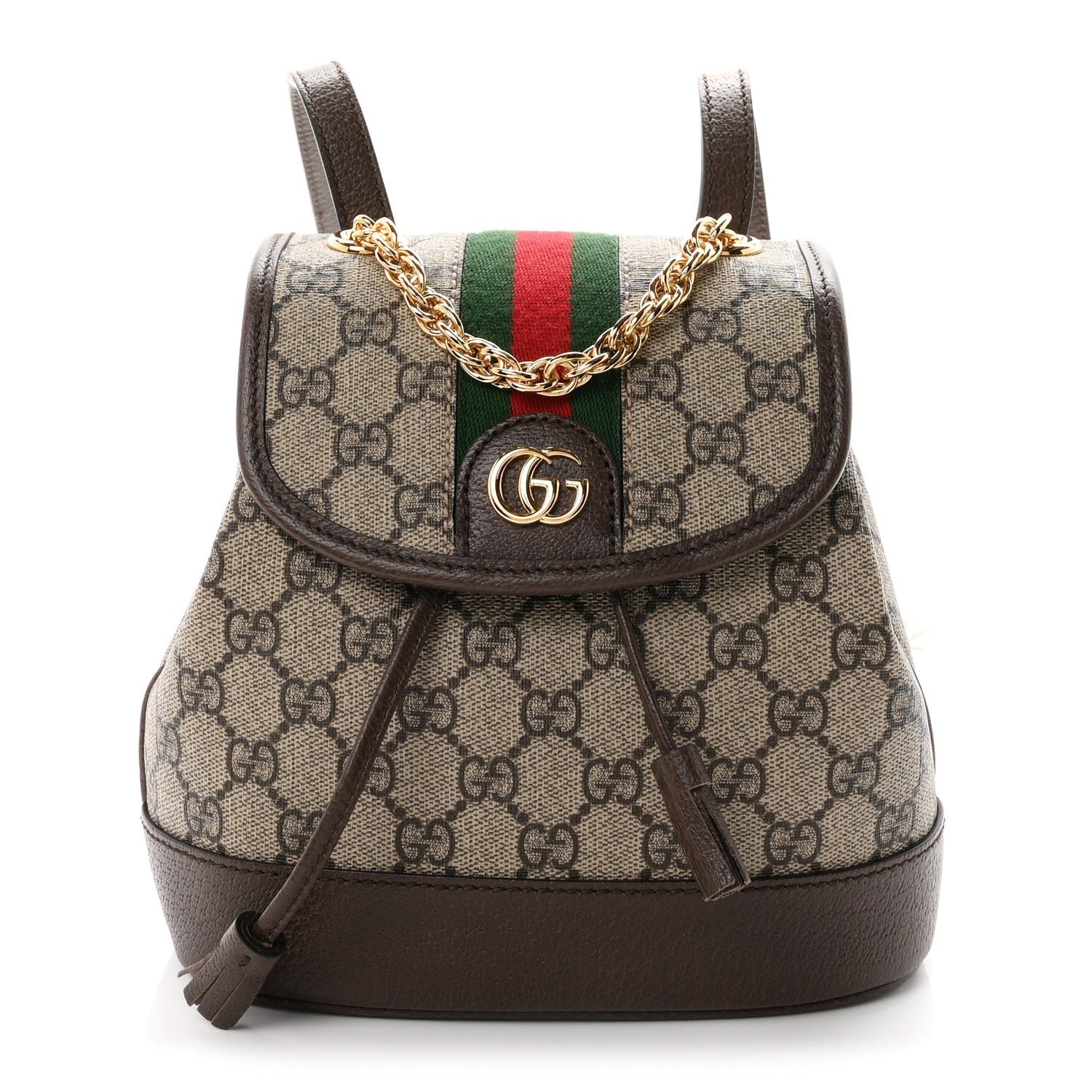 Gucci GG Supreme Monogram Textured Dollar Calfskin Web Mini Ophidia Chain Drawstring Backpack Beige Brown