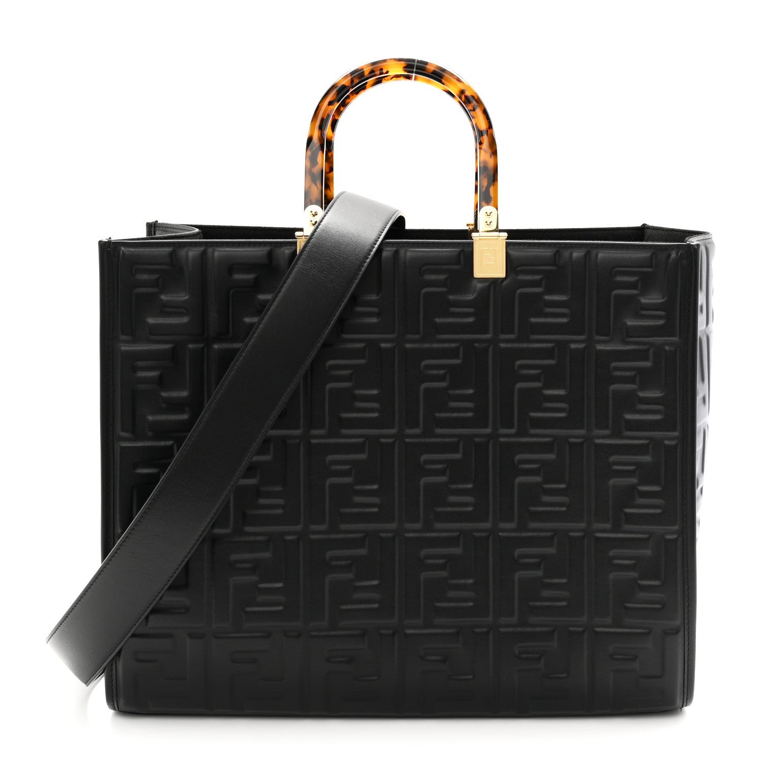 Fendi Vitello Plexiglass FF Embossed Medium Fendi Sunshine Shopper Tote Black