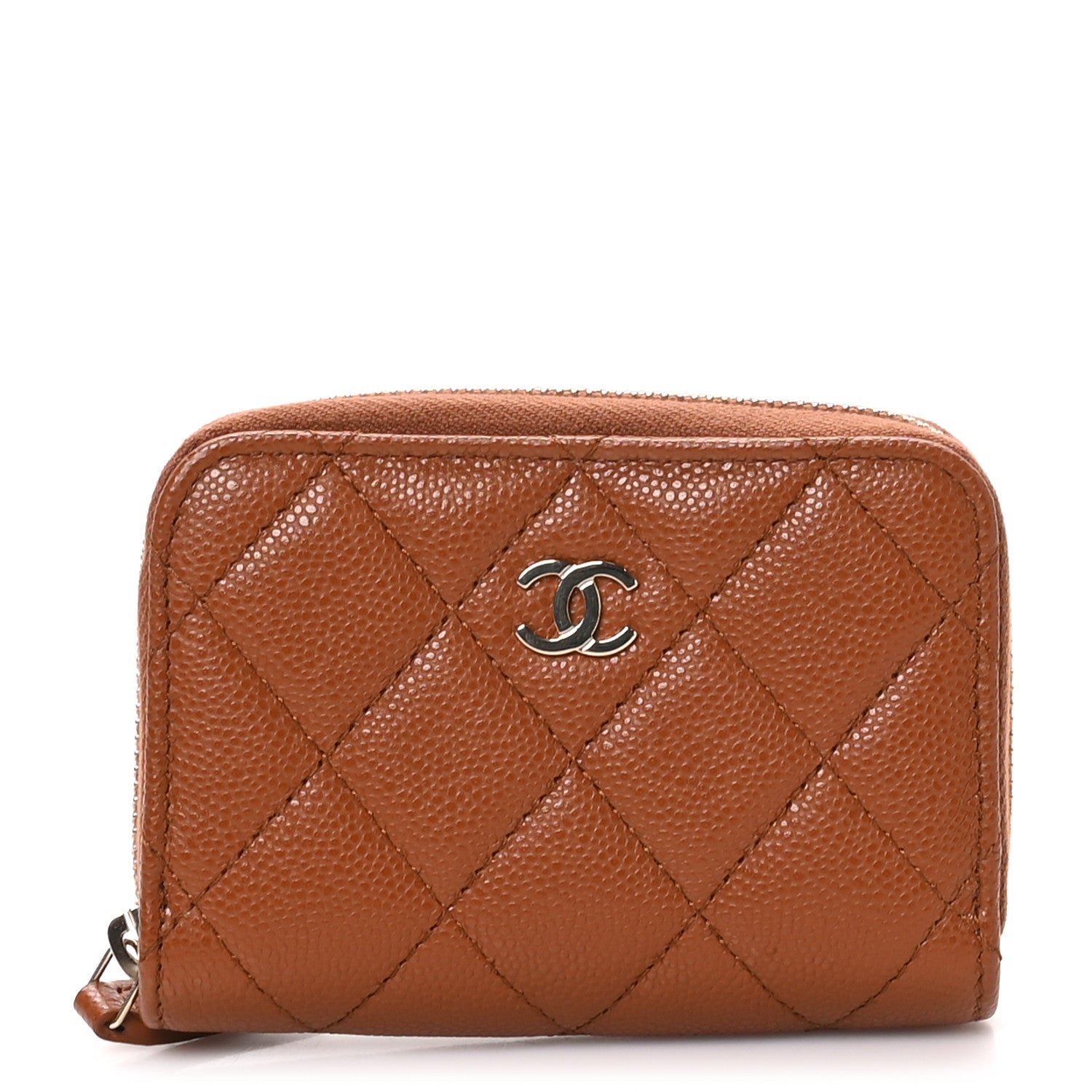 Chanel Caviar Quilted Zip Around Coin Purse Light Brown
