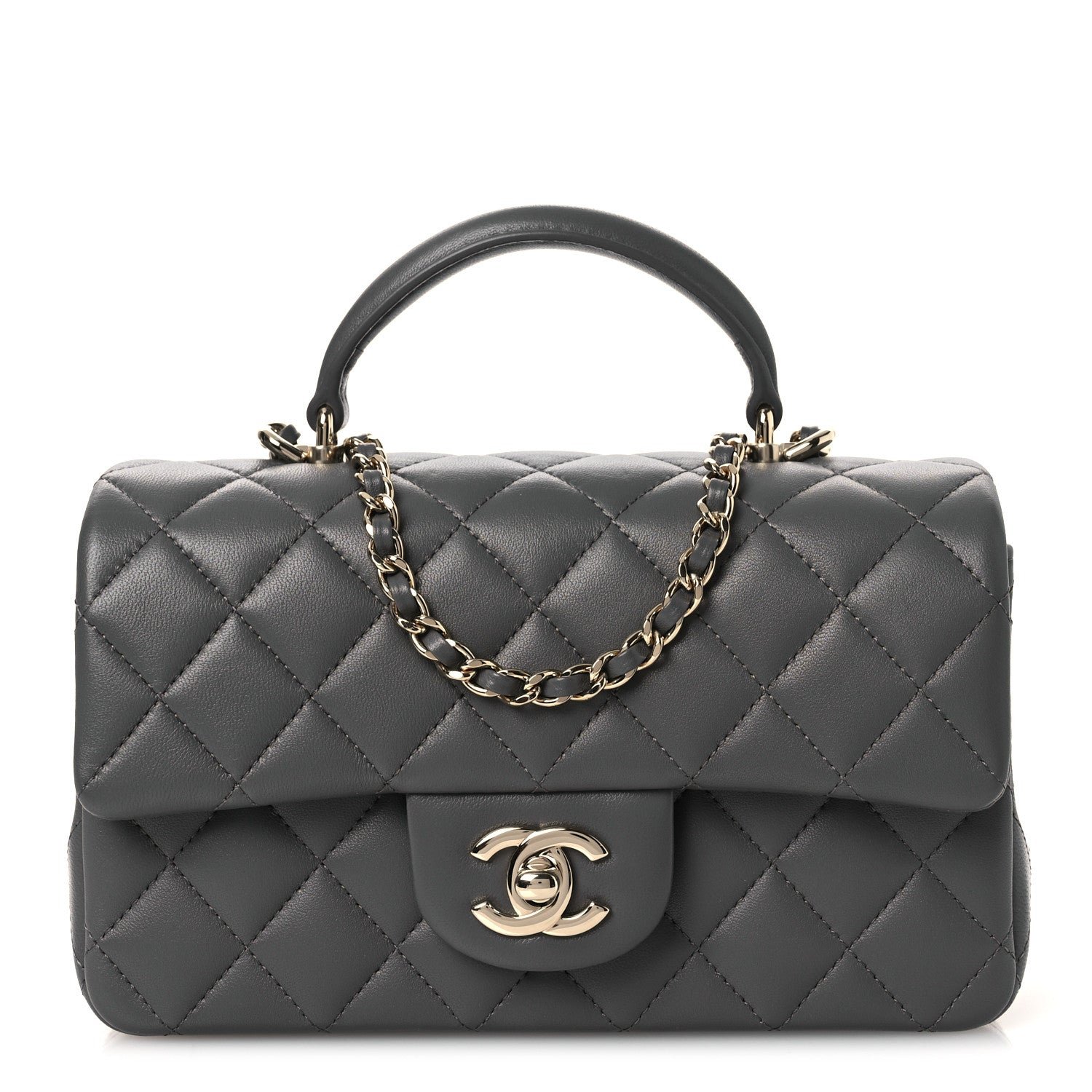 Chanel Lambskin Quilted Mini Top Handle Rectangular Flap Dark Grey
