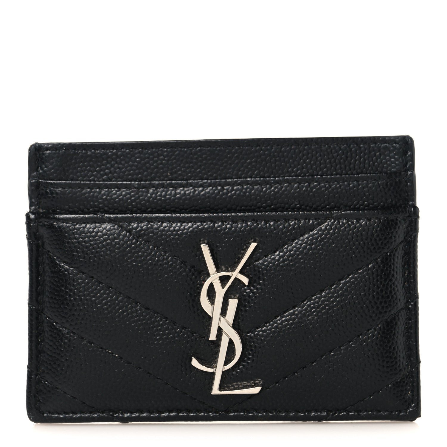 Saint Laurent Grain De Poudre Matelasse Chevron Monogram Credit Card Case Black