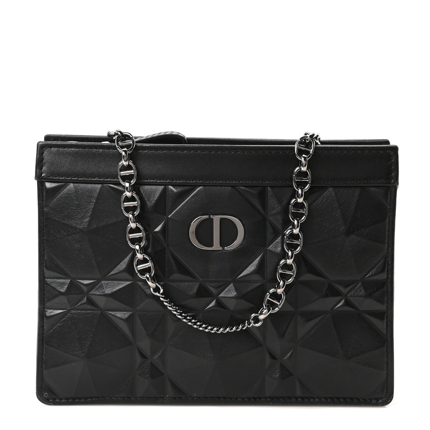 Christian Dior Calfskin Macrocannage Diamond Caro Zipped Pouch With Chain Black