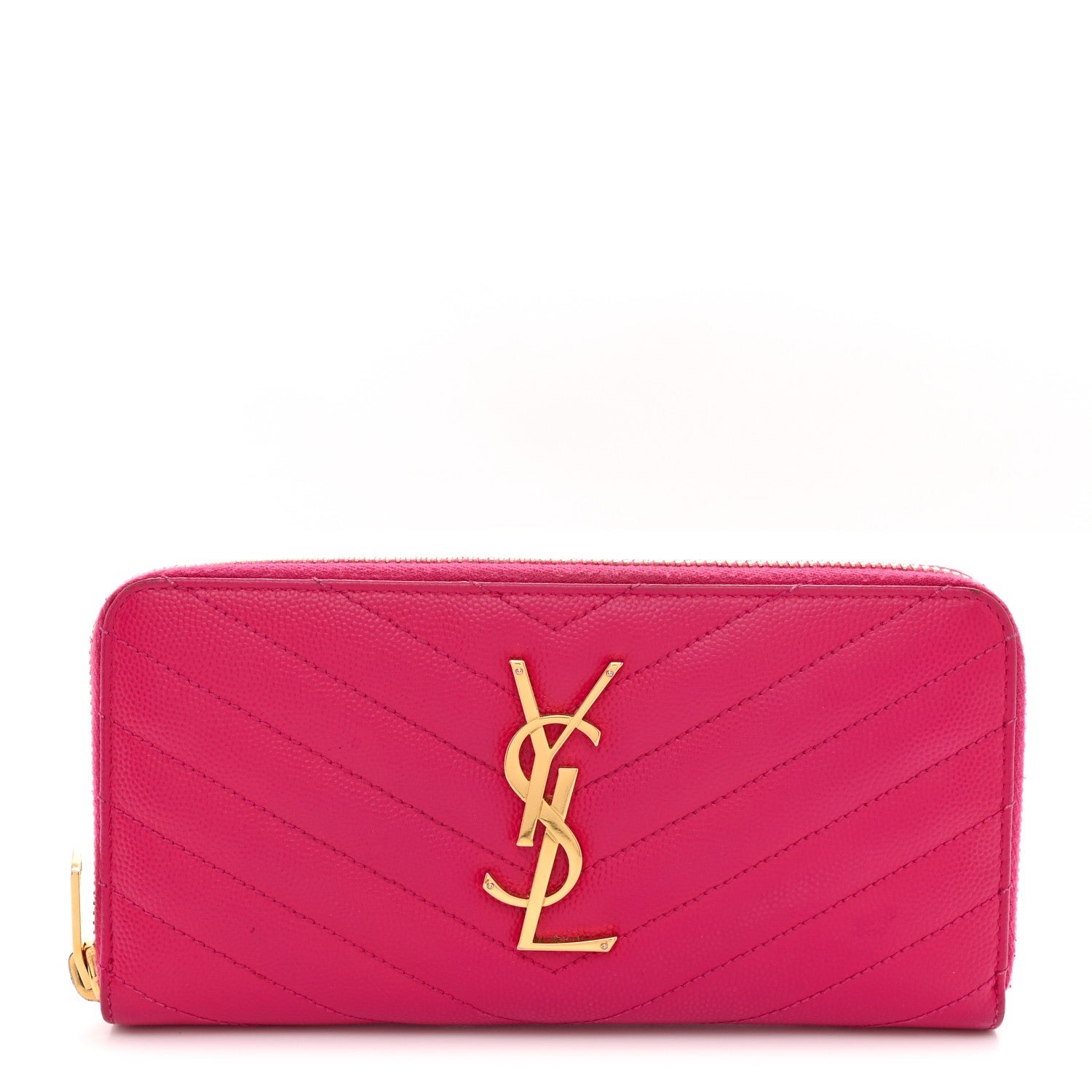 Saint Laurent Grain De Poudre Matelasse Chevron Monogram Zip Around Wallet Fuchsia