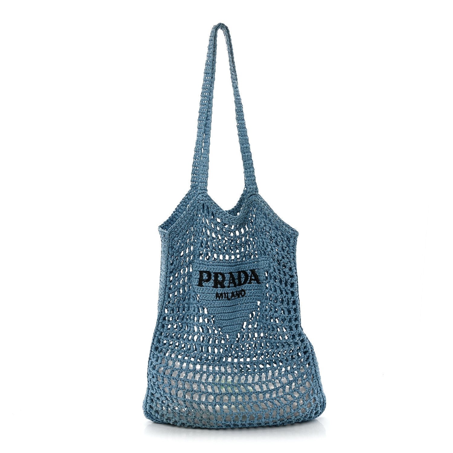 Prada Yarn Raffia Effect Crochet Logo Embroidered Tote Bag Celeste